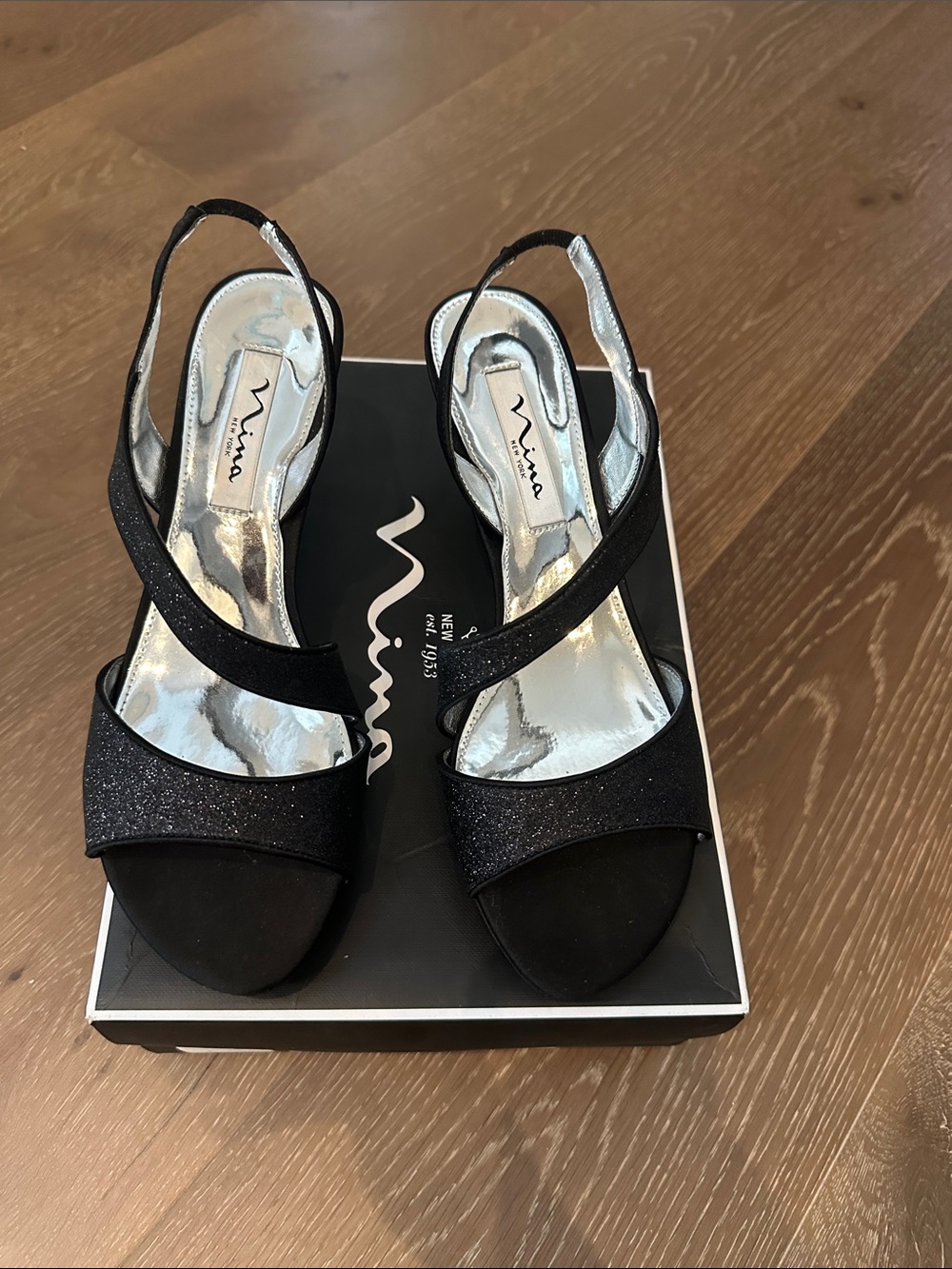 Nina Black Glitter Slingback Heels with Silver Insole
